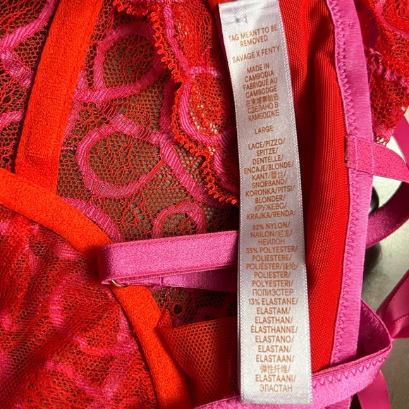 Savage X Fenty Ribbon Writing Lace Teddy Bodysuit Red and Pink Lace - Picture 13 of 13